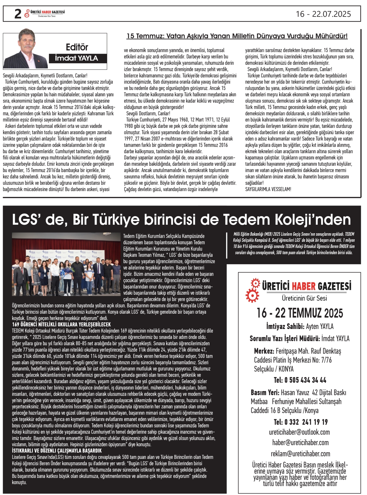 ÜRETİCİ  HABER  GAZETESİ    16.07.2025