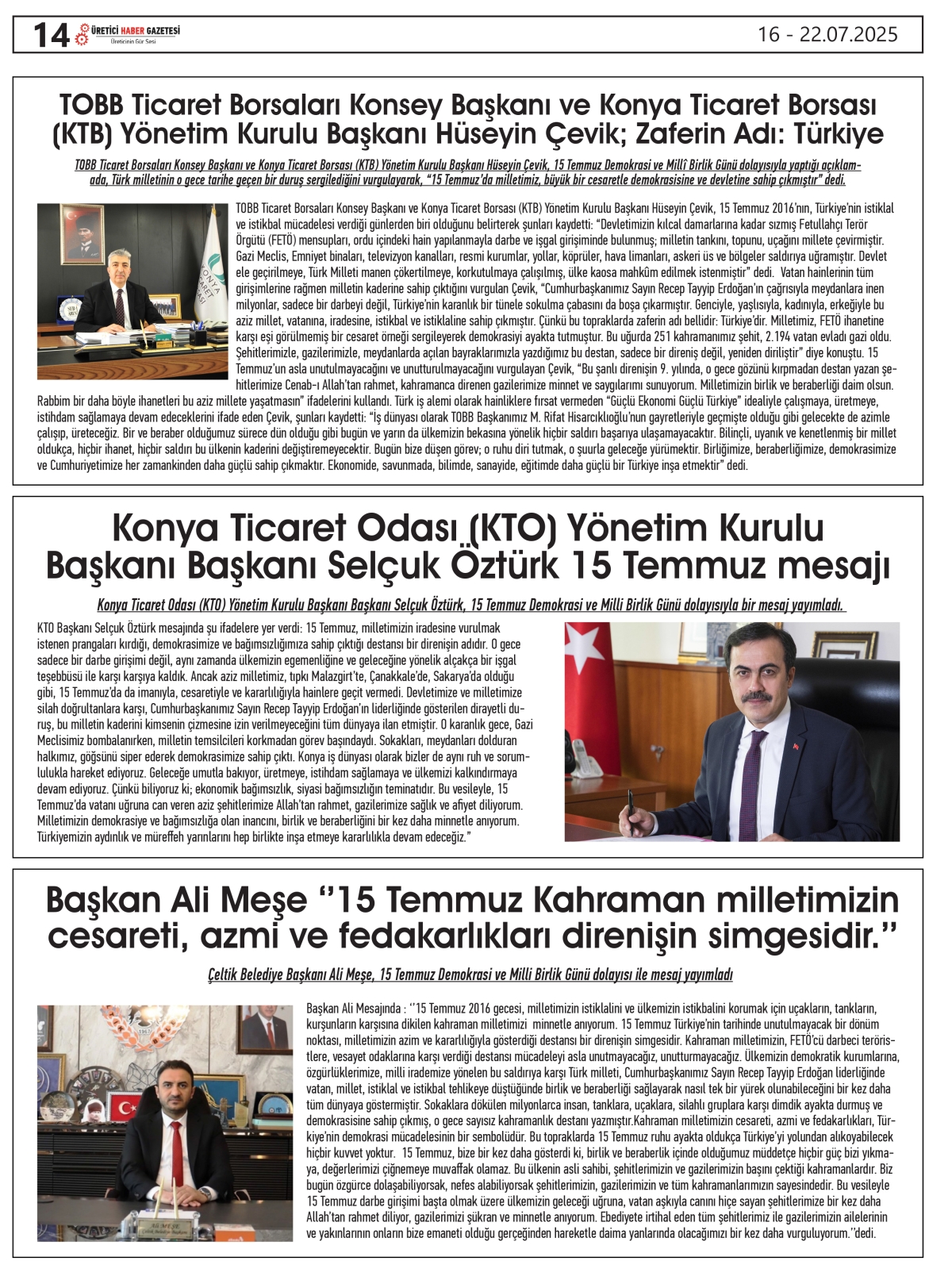 ÜRETİCİ  HABER  GAZETESİ    16.07.2025