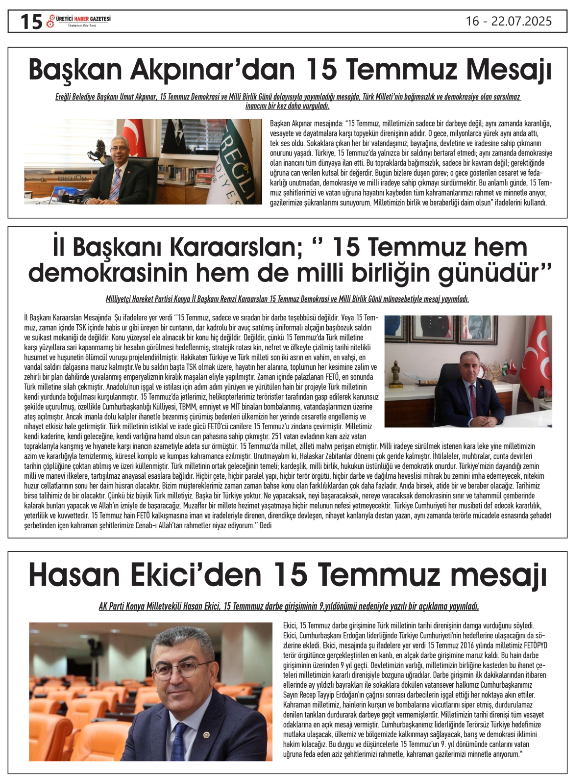 ÜRETİCİ  HABER  GAZETESİ    16.07.2025