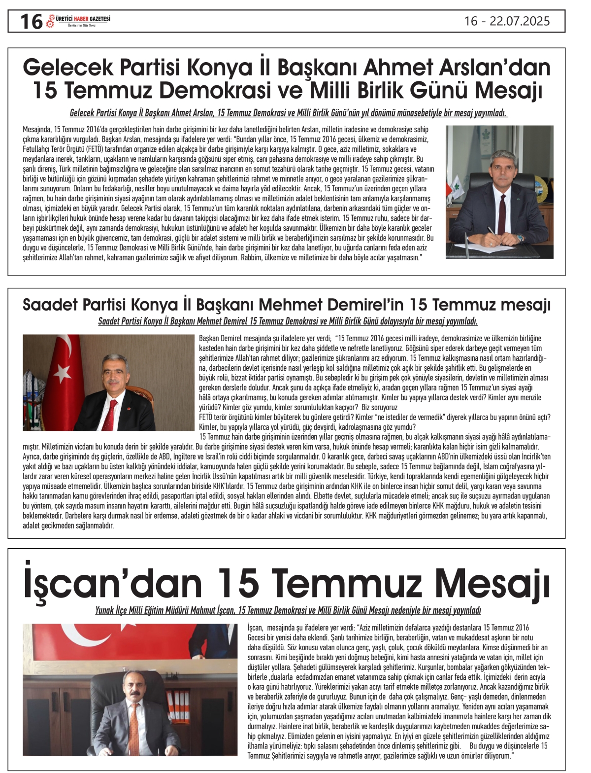 ÜRETİCİ  HABER  GAZETESİ    16.07.2025
