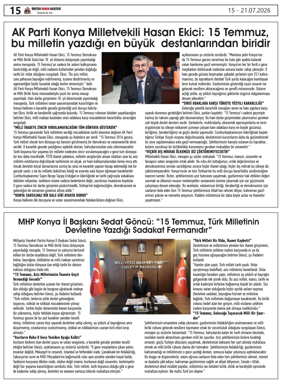 ÜRETİCİ  HABER  GAZETESİ  15.07.2026