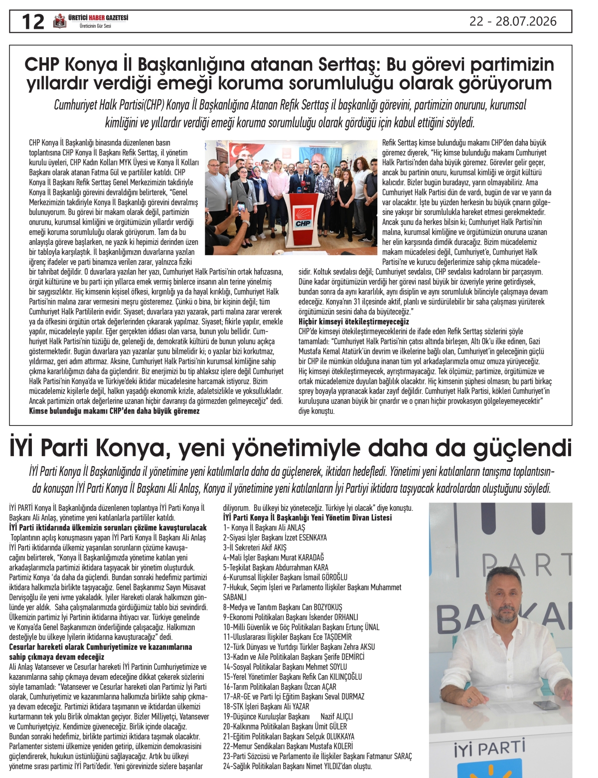ÜRETİCİ HABER  GAZETESİ  22.07.2026