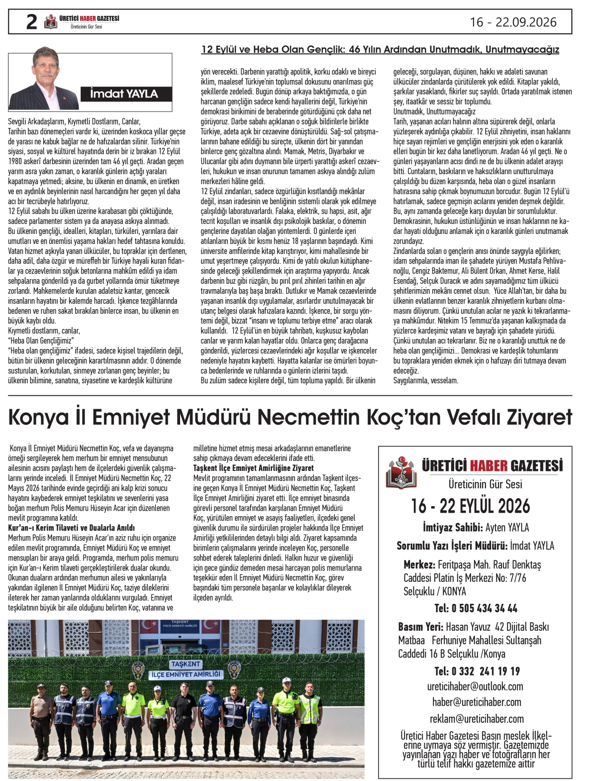 ÜRETİCİ  HABER GAZETESİ  16.09.2026
